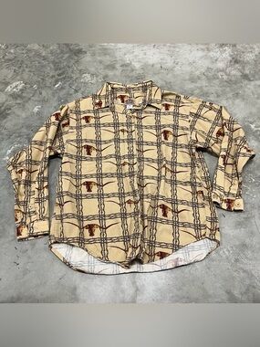 Vintage Barn Fly Longhorn Shirt Mens Med Beige Western Rodeo Button Cowboy USA